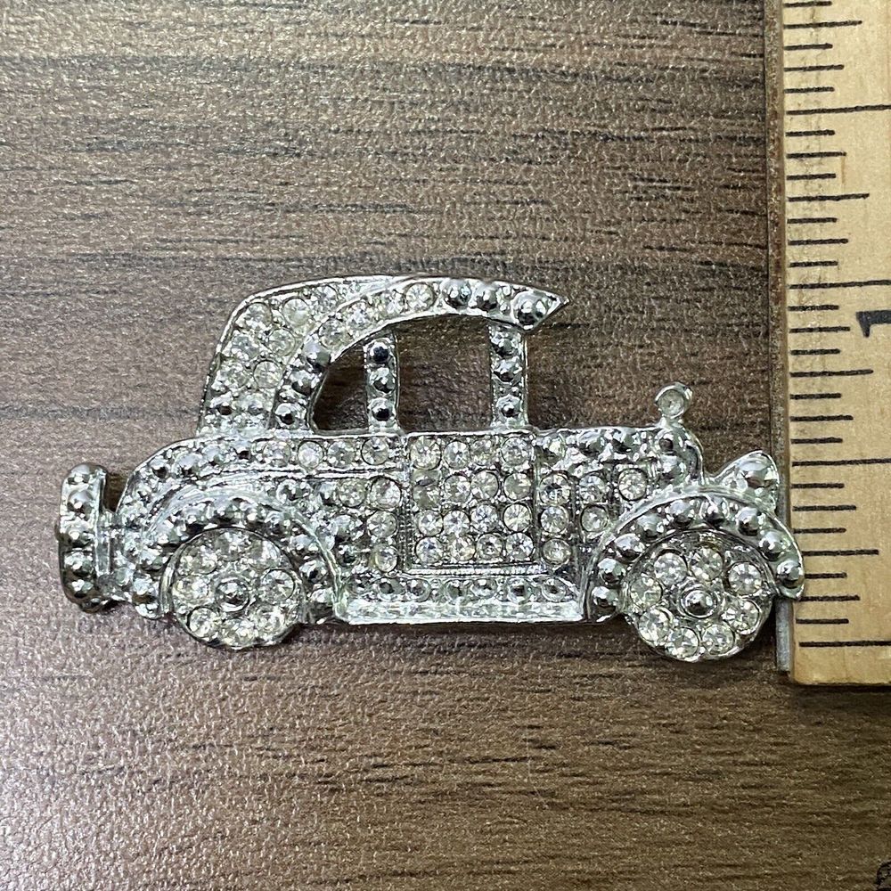 Antique Classic 1900s Model T‎ Car Silver Rhinestone Brooch Pin "C" Clasp Bling - Picture 6 of 6